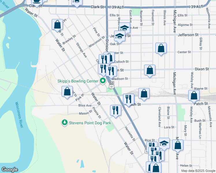 map of restaurants, bars, coffee shops, grocery stores, and more near 2324 Church Street in Stevens Point