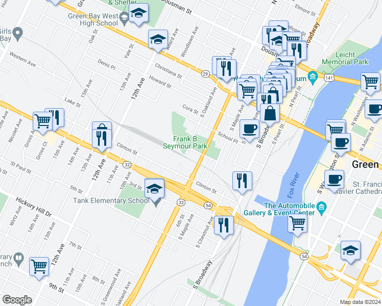 map of restaurants, bars, coffee shops, grocery stores, and more near 417 Seymour Court in Green Bay