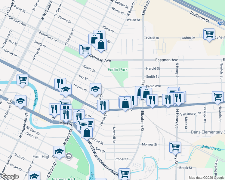 map of restaurants, bars, coffee shops, grocery stores, and more near 1461 Day Street in Green Bay
