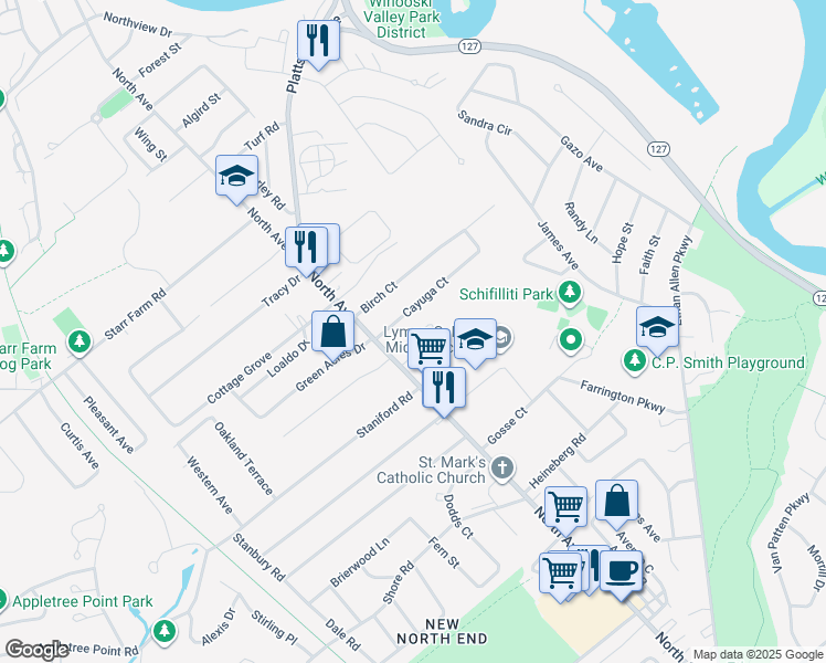 map of restaurants, bars, coffee shops, grocery stores, and more near 135 Edgemoor Drive in Burlington