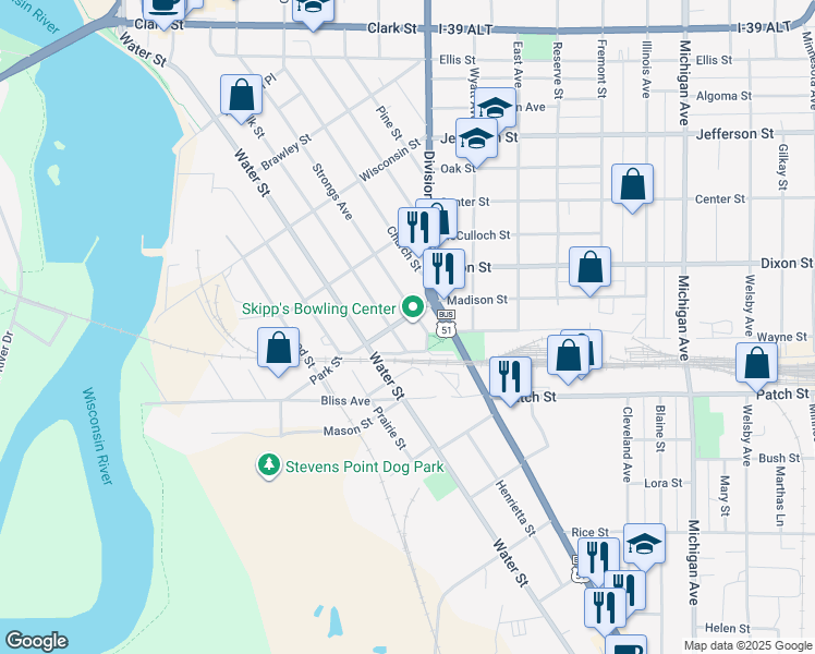 map of restaurants, bars, coffee shops, grocery stores, and more near 2300 Strongs Avenue in Stevens Point
