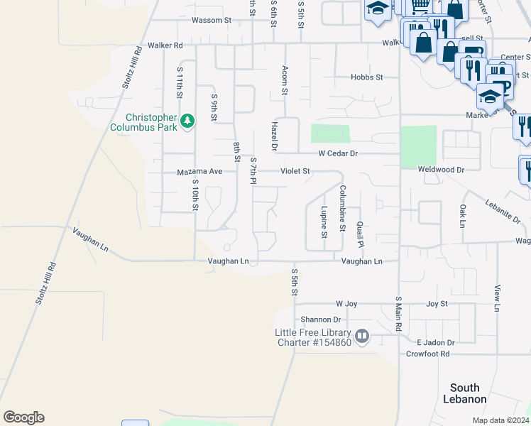 map of restaurants, bars, coffee shops, grocery stores, and more near 610 Vaughan Lane in Lebanon