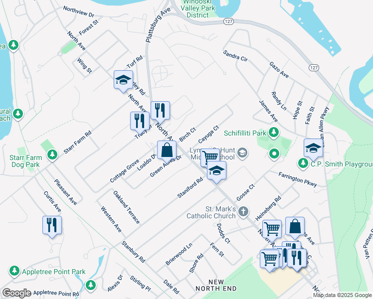 map of restaurants, bars, coffee shops, grocery stores, and more near 1480 North Avenue in Burlington