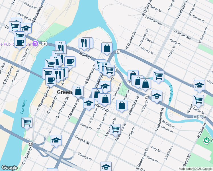 map of restaurants, bars, coffee shops, grocery stores, and more near 635 Pine Street in Green Bay