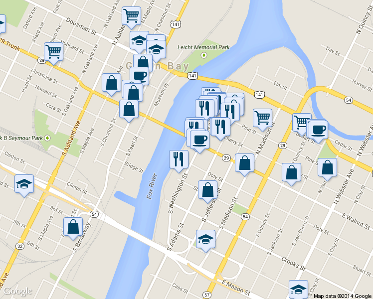 map of restaurants, bars, coffee shops, grocery stores, and more near 110-126 South Washington Street in Green Bay