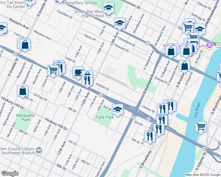 map of restaurants, bars, coffee shops, grocery stores, and more near 600 10th Avenue in Green Bay