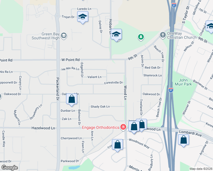 map of restaurants, bars, coffee shops, grocery stores, and more near 2455 Forestville Drive in Green Bay