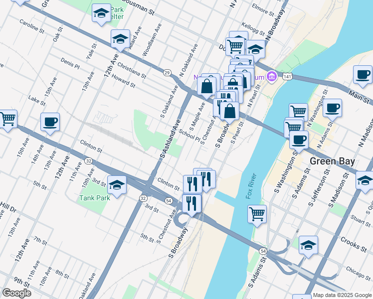 map of restaurants, bars, coffee shops, grocery stores, and more near 321 South Maple Avenue in Green Bay