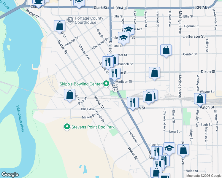 map of restaurants, bars, coffee shops, grocery stores, and more near 2324 Church Street in Stevens Point