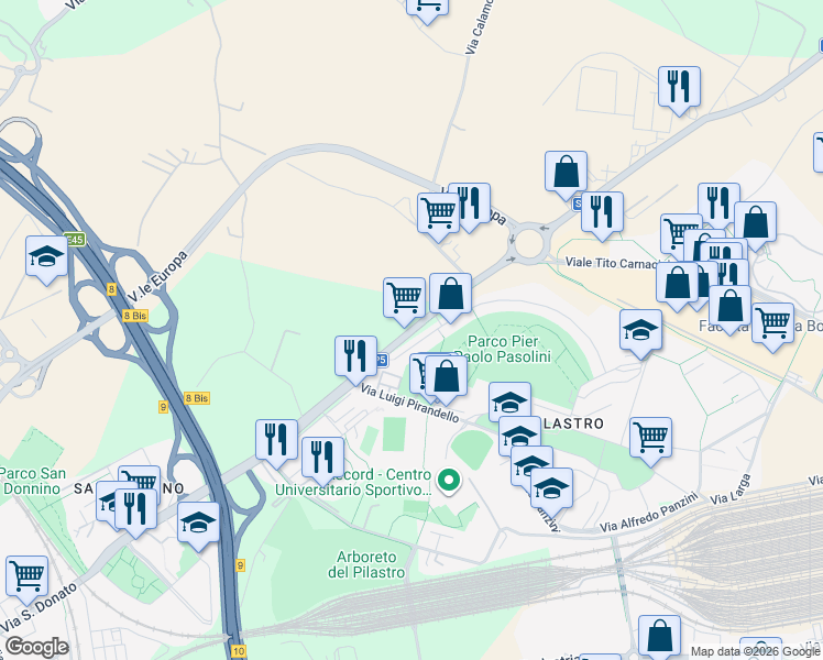 map of restaurants, bars, coffee shops, grocery stores, and more near 162 Via San Donato in Bologna