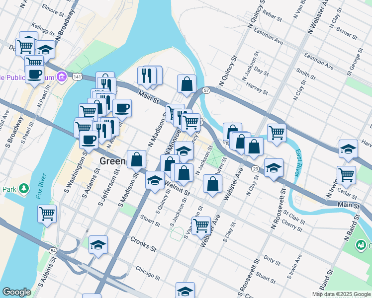 map of restaurants, bars, coffee shops, grocery stores, and more near 303 North Quincy Street in Green Bay