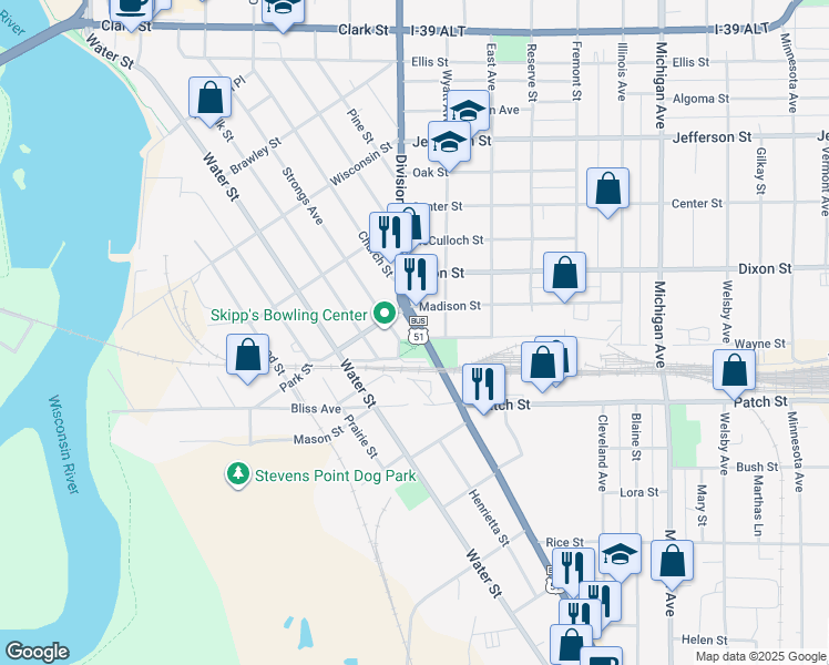 map of restaurants, bars, coffee shops, grocery stores, and more near 2324 Church Street in Stevens Point