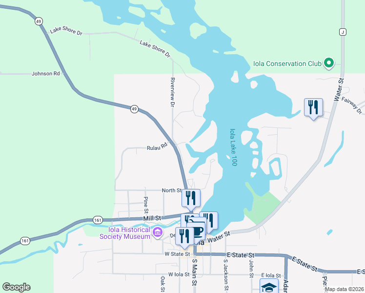 map of restaurants, bars, coffee shops, grocery stores, and more near 140 Frontage Road in Iola