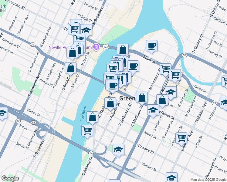 map of restaurants, bars, coffee shops, grocery stores, and more near 215 East Walnut Street in Green Bay