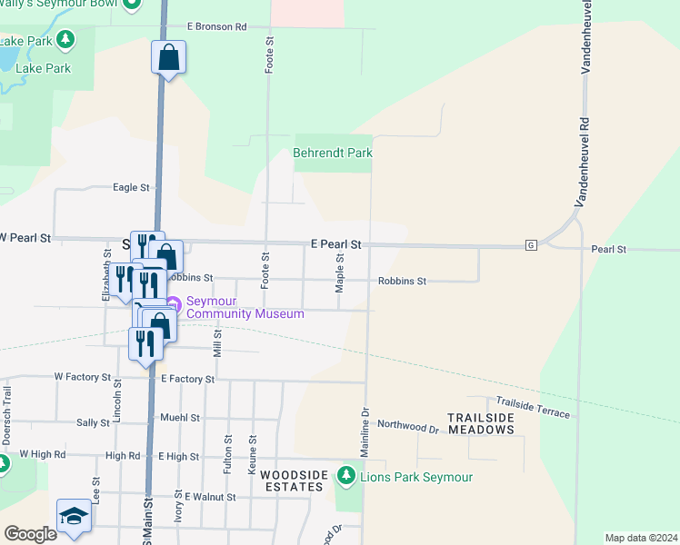 map of restaurants, bars, coffee shops, grocery stores, and more near 310 Maple Street in Seymour