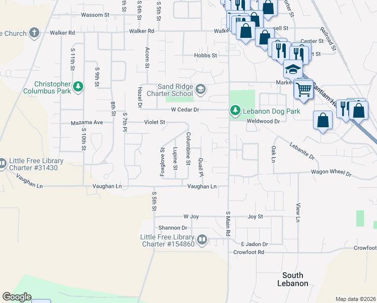 map of restaurants, bars, coffee shops, grocery stores, and more near 3182 Columbine Street in Lebanon