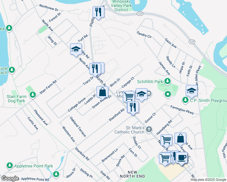 map of restaurants, bars, coffee shops, grocery stores, and more near 1480 North Avenue in Burlington