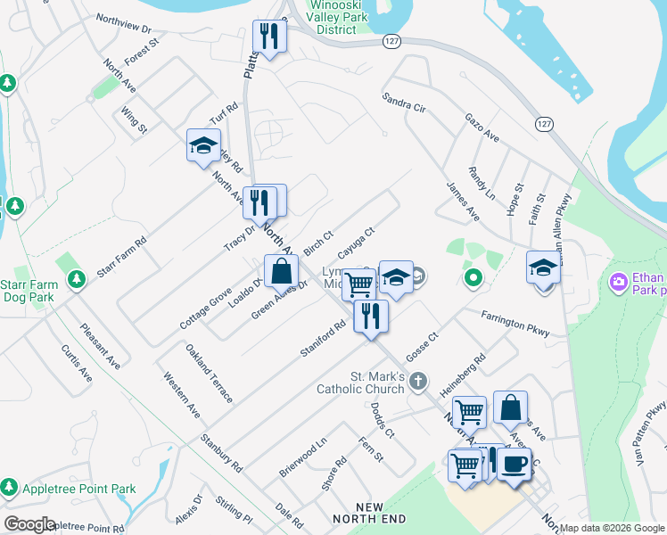 map of restaurants, bars, coffee shops, grocery stores, and more near 135 Edgemoor Drive in Burlington