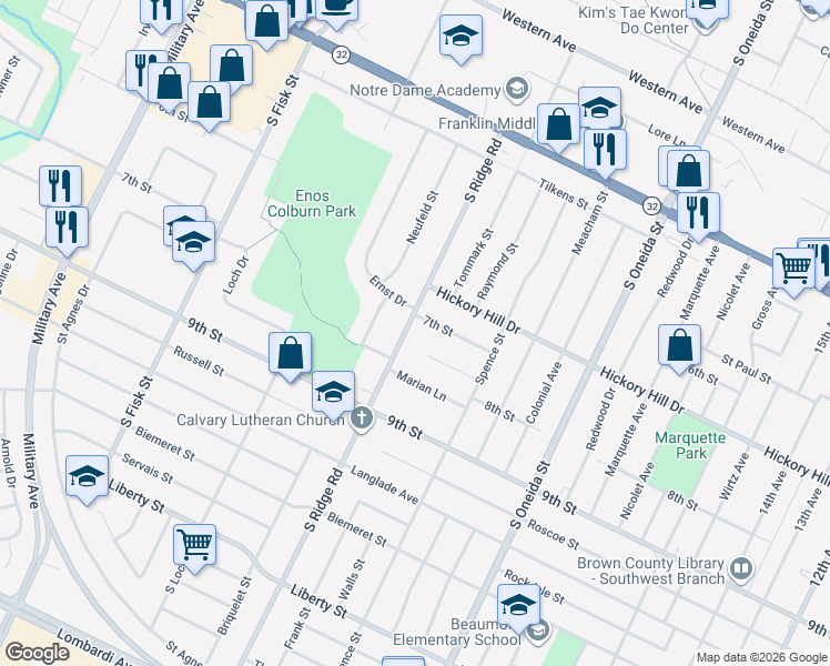 map of restaurants, bars, coffee shops, grocery stores, and more near 1141 South Ridge Road in Green Bay