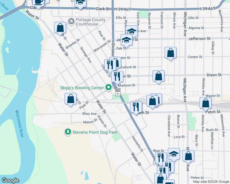 map of restaurants, bars, coffee shops, grocery stores, and more near 2324 Church Street in Stevens Point