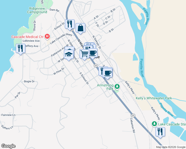 map of restaurants, bars, coffee shops, grocery stores, and more near 208 South Idaho Street in Cascade