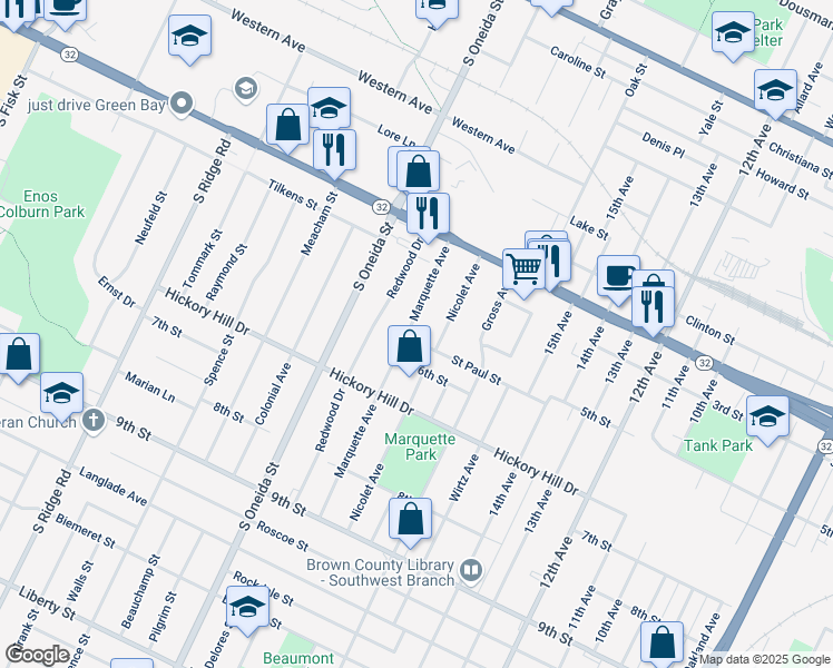 map of restaurants, bars, coffee shops, grocery stores, and more near 853 Marquette Avenue in Green Bay