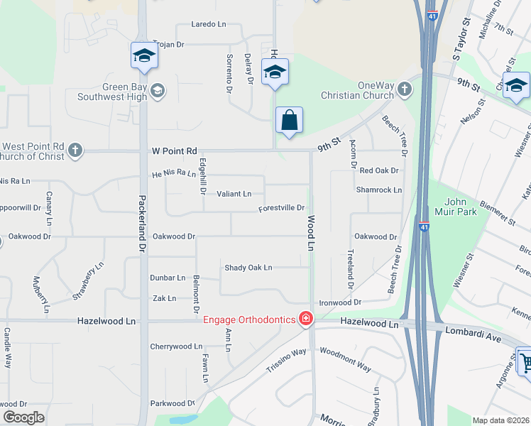 map of restaurants, bars, coffee shops, grocery stores, and more near 2455 Forestville Drive in Green Bay