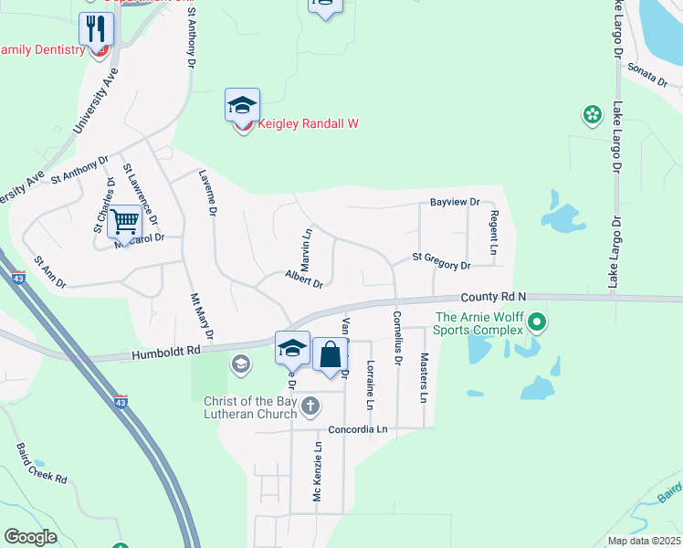 map of restaurants, bars, coffee shops, grocery stores, and more near 3050 Albert Drive in Green Bay