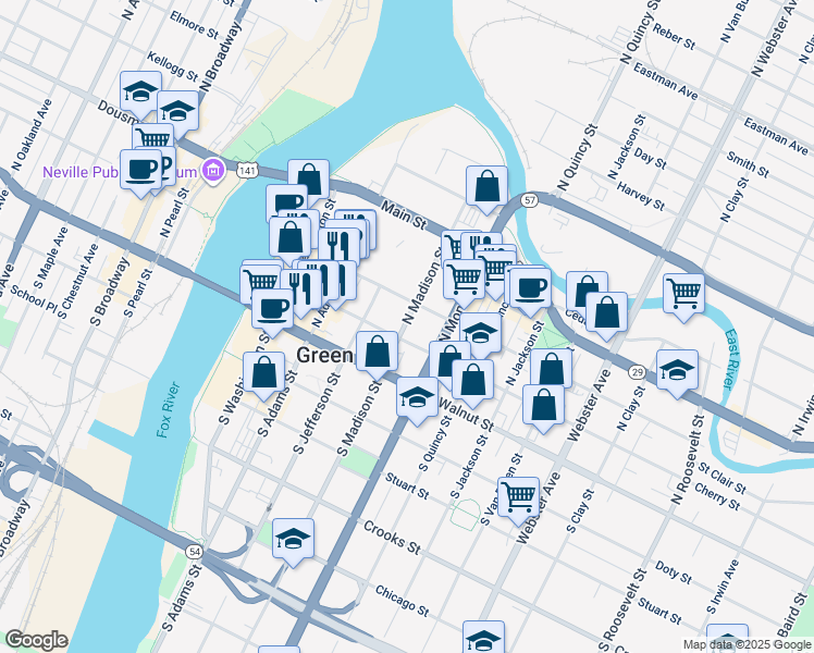map of restaurants, bars, coffee shops, grocery stores, and more near 220 North Madison Street in Green Bay
