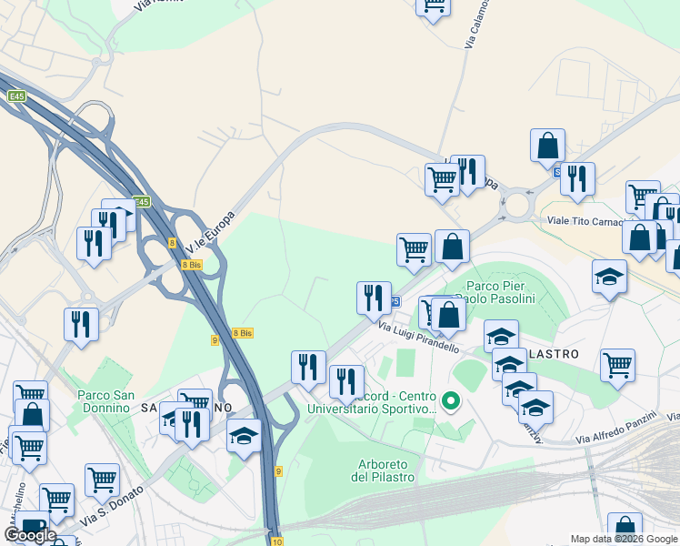 map of restaurants, bars, coffee shops, grocery stores, and more near 162 Via San Donato in Bologna