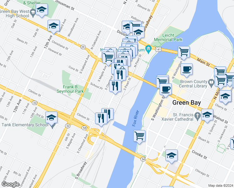 map of restaurants, bars, coffee shops, grocery stores, and more near 241 South Broadway in Green Bay