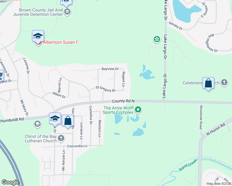 map of restaurants, bars, coffee shops, grocery stores, and more near 3162 Saint Gregory Drive in Green Bay