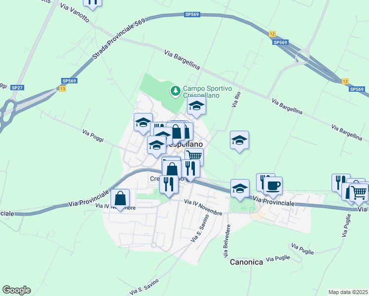 map of restaurants, bars, coffee shops, grocery stores, and more near 999 Via Cesare Lenzarini in Crespellano