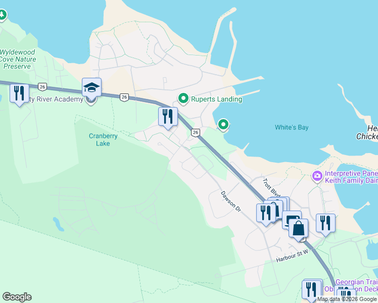 map of restaurants, bars, coffee shops, grocery stores, and more near 35 Dawson Drive in Collingwood