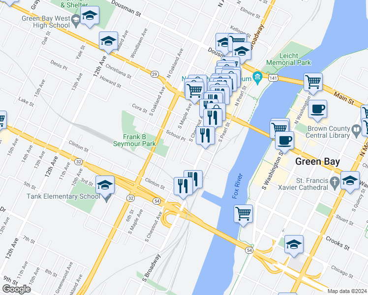 map of restaurants, bars, coffee shops, grocery stores, and more near 312 South Chestnut Avenue in Green Bay