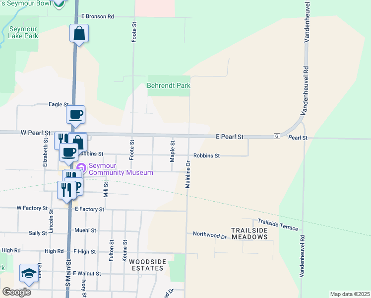 map of restaurants, bars, coffee shops, grocery stores, and more near 735 Robbins Street in Seymour