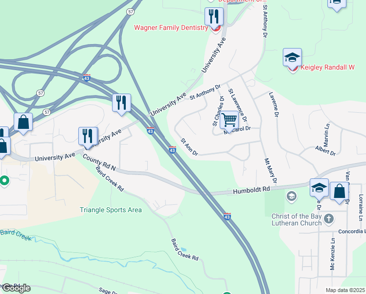 map of restaurants, bars, coffee shops, grocery stores, and more near 2766 Saint Ann Drive in Green Bay