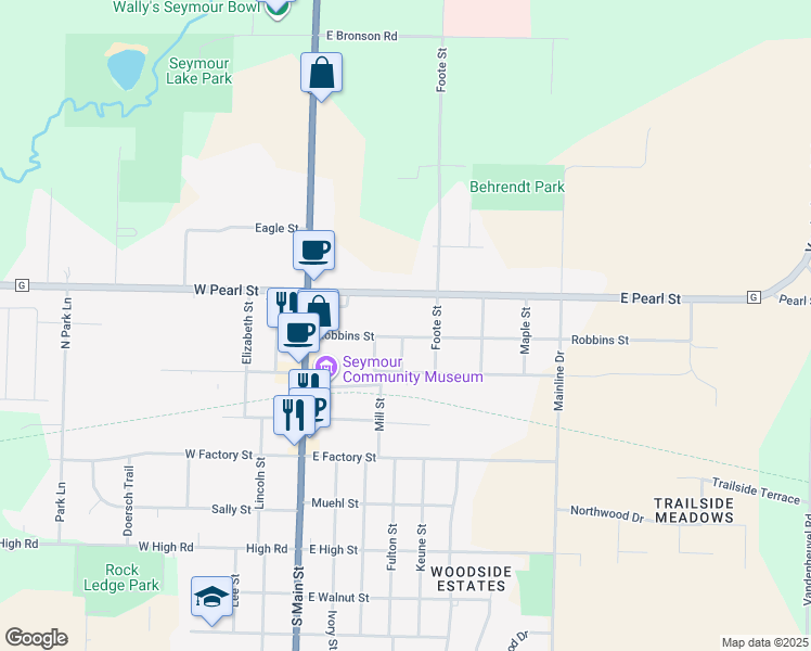 map of restaurants, bars, coffee shops, grocery stores, and more near 403 Robbins Street in Seymour