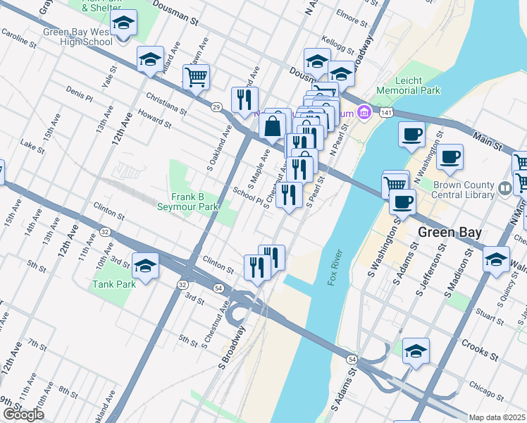 map of restaurants, bars, coffee shops, grocery stores, and more near 308 South Chestnut Street in Green Bay