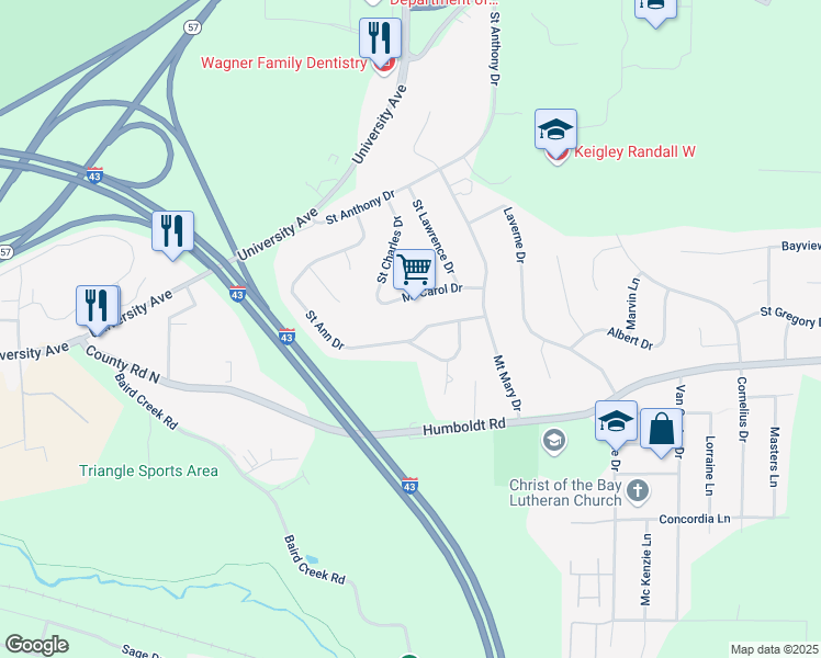 map of restaurants, bars, coffee shops, grocery stores, and more near 2835 Saint Ann Drive in Green Bay