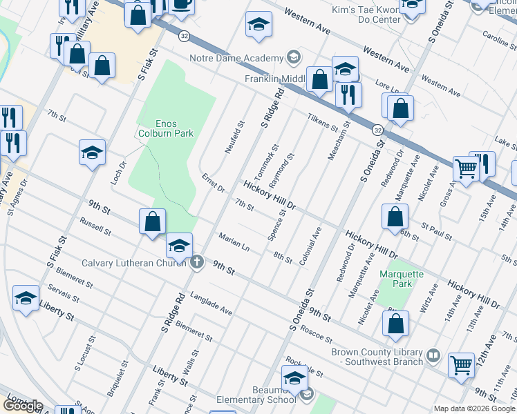 map of restaurants, bars, coffee shops, grocery stores, and more near 1267 7th Street in Green Bay