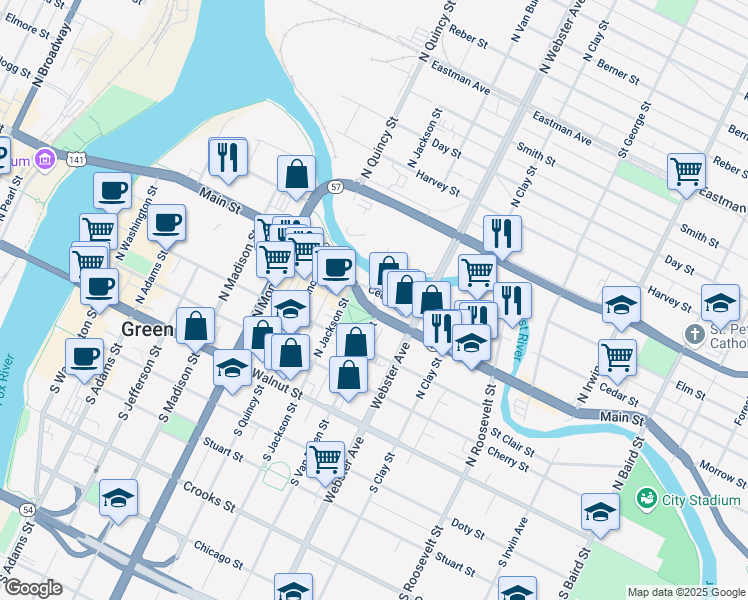 map of restaurants, bars, coffee shops, grocery stores, and more near 807 Bodart Street in Green Bay