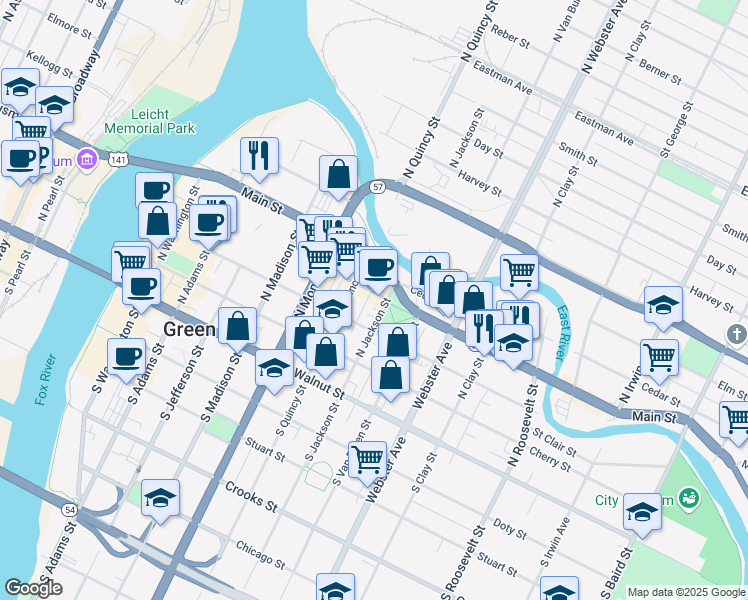 map of restaurants, bars, coffee shops, grocery stores, and more near 714 Bodart Street in Green Bay
