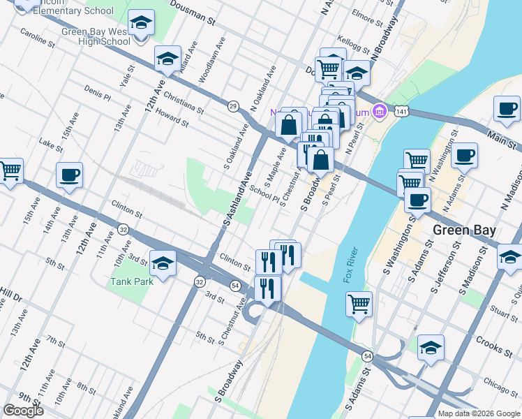 map of restaurants, bars, coffee shops, grocery stores, and more near 321 South Maple Avenue in Green Bay