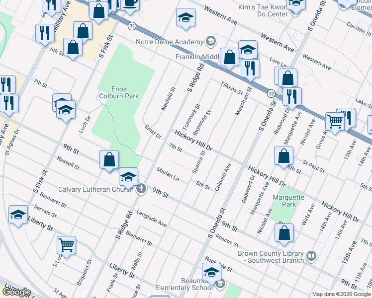 map of restaurants, bars, coffee shops, grocery stores, and more near 1267 7th Street in Green Bay