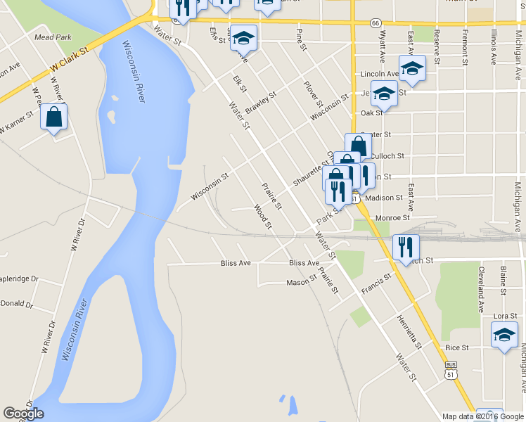 map of restaurants, bars, coffee shops, grocery stores, and more near 801 Shaurette Street in Stevens Point