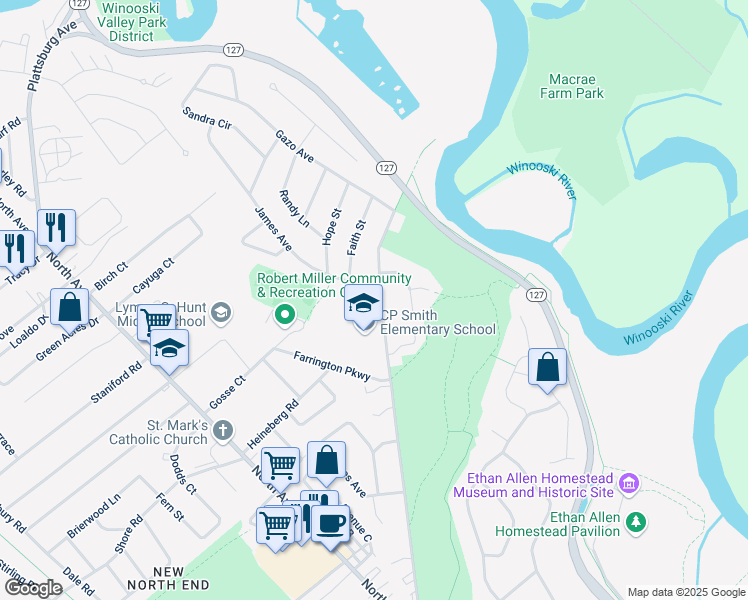 map of restaurants, bars, coffee shops, grocery stores, and more near 392 Ethan Allen Parkway in Burlington