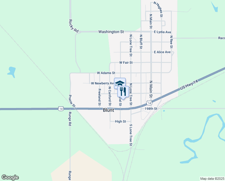 map of restaurants, bars, coffee shops, grocery stores, and more near 206 North Canford Street in Blunt