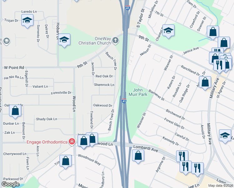 map of restaurants, bars, coffee shops, grocery stores, and more near 1721 Beech Tree Drive in Green Bay