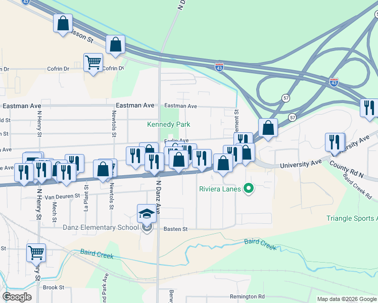 map of restaurants, bars, coffee shops, grocery stores, and more near 2310 Preble Avenue in Green Bay